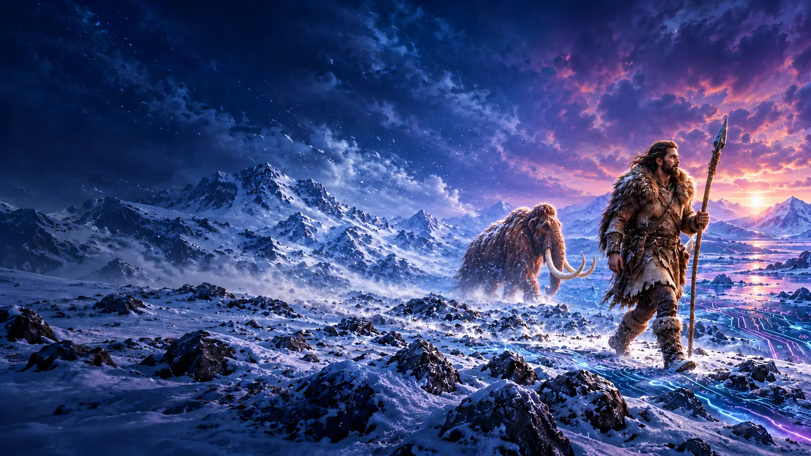 A traveller with a spear crosses an icy landscape with a woolly mammoth in the distance.