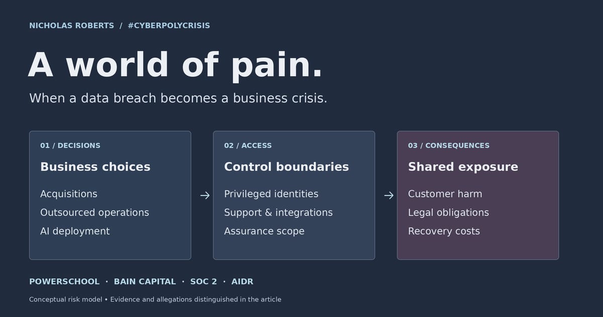 A conceptual chain connects business decisions to privileged access, then to customer harm, legal exposure and recovery costs.